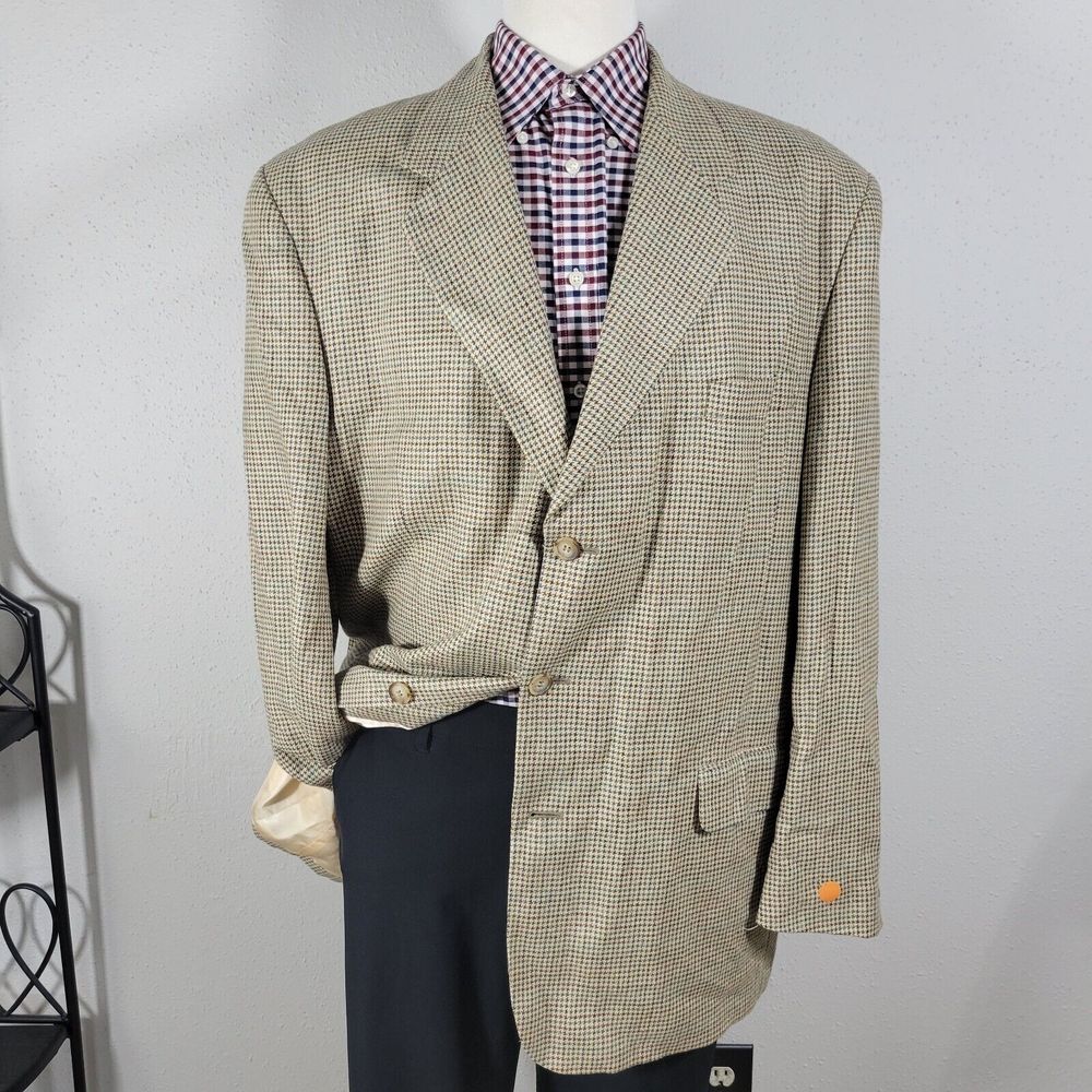 J.Riggings Men's Sport Coat Three Button Beige Houndstooth Silk Linen Wool‎ 46L
